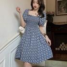 Short-sleeve Floral A-line Dress Blue - One Size