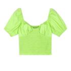 Puff-sleeve Plain Cropped Blouse Neon Green - One Size
