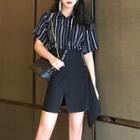 Striped Short-sleeve Shirt / High-waist Slit-front A-line Skirt