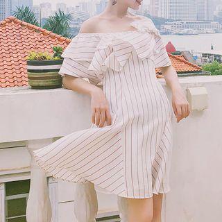 Ruffle Pinstriped Short-sleeve A-line Dress