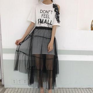 Set Of 2: Off-shoulder Print Long Short-sleeve T-shirt + Lace Skirt