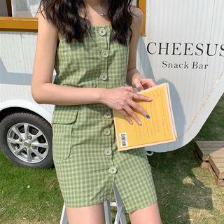 Plaid Wide-strap Buttoned Asymmetric Sheath Dress