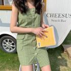 Plaid Wide-strap Buttoned Asymmetric Sheath Dress