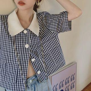 Short-sleeve Gingham Jacket Black & White - One Size
