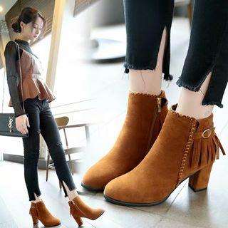 Fringed Faux Suede Block Heel Ankle Boots