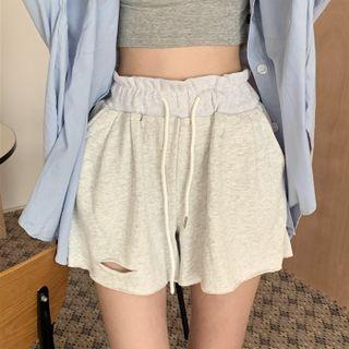 Distressed Drawstring Waist Shorts Light Gray - One Size