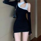 Mock Two-piece Long-sleeve Cold Shoulder Drawstring Mini Bodycon Dress