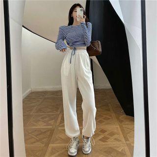 Long-sleeve Striped Top / Drawstring-cuff Wide-leg Sweatpants
