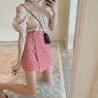Short-sleeve Floral Top / Plaid A-line Skirt