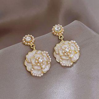 Flower Rhinestone Faux Pearl Alloy Dangle Earring 1 Pair - White - One Size