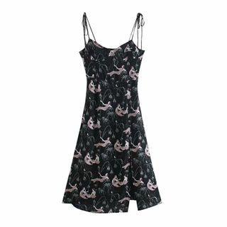 Spaghetti Strap Print Slit Midi A-line Dress