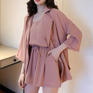Set: 3/4-sleeve Double Breasted Blazer + Spaghetti Strap Top + Wide-leg Shorts