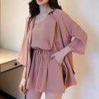 Set: 3/4-sleeve Double Breasted Blazer + Spaghetti Strap Top + Wide-leg Shorts