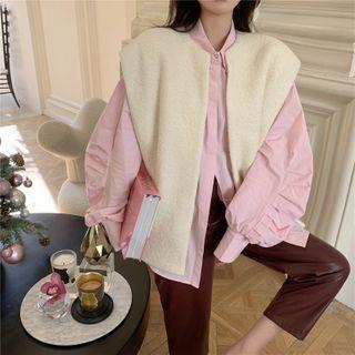 Plain Long-sleeve Loose-fit Blouse / Fleece Vest / Faux-leather Pants