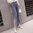 Faux Pearl Washed Slit Boot Cut Jeans
