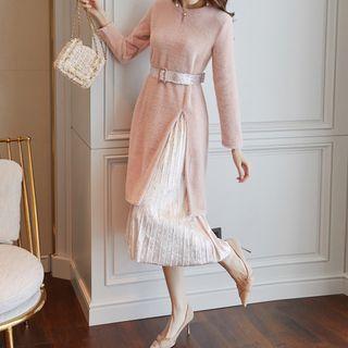 Set: Long-sleeve Midi Knit Dress + Midi Accordion Pleat Skirt