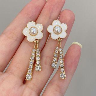 Flower Faux Pearl Rhinestone Fringed Earring