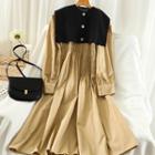 Set: Long-sleeve Shirred Chiffon A-line Midi Dress + Buttoned Knit Vest