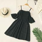 Pinstriped Off Shoulder Short Sleeve A-line Dress