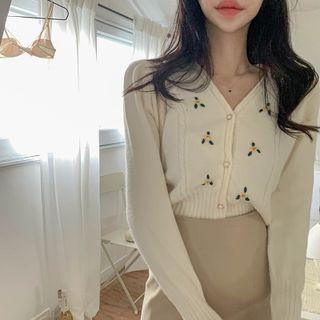 V-neck Floral Embroidered Knit Cardigan