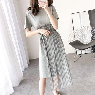 Pleated Mesh-overlay T-shirt Dress