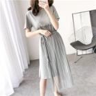 Pleated Mesh-overlay T-shirt Dress