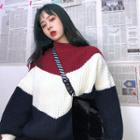Color-block Loose-fit Sweater Red & White + Navy Blue - One Size