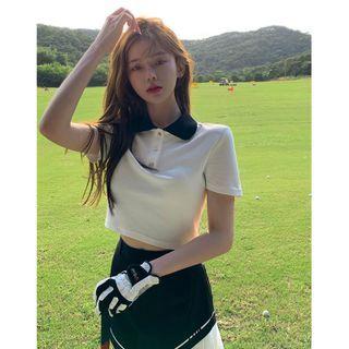 Colorblock Cropped Polo Shirt / Patchwork High-waist Mini Skirt