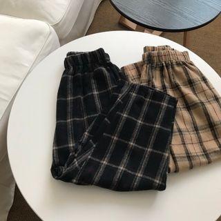 Elastic-waist Check Woolen Pants