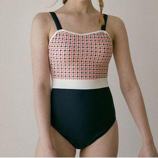 Color Block Houndstooth Panel Swimsuit