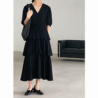 Puff-sleeve Layered Midi A-line Dress
