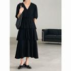 Puff-sleeve Layered Midi A-line Dress