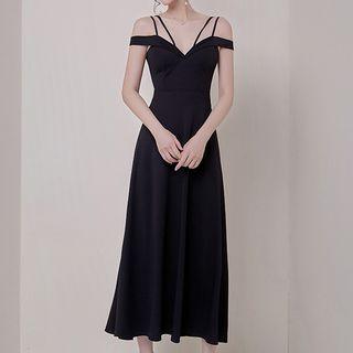 Strappy Cold Shoulder A-line Midi Chiffon Dress