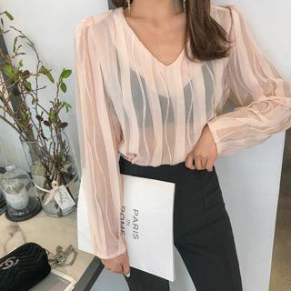 V-neck Stripe See-through Top