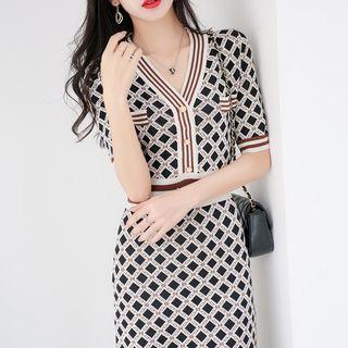V-neck Argyle Knit Midi A-line Dress
