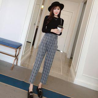 Long-sleeve Knit Top / Cropped Straight Cut Plaid Pants / Set