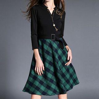 Plaid Mock Two-piece A-line Knit Dress