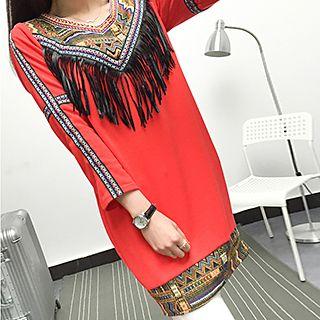 Long-sleeve Fringe-trim Paneled Dress