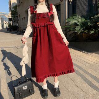 Long-sleeve Mock-neck Top / Frill Trim Midi A-line Overall Dress