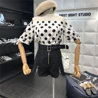 Set: Polka Dot Off-shoulder Short-sleeve Blouse + Wide Leg Shorts