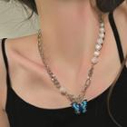 Butterfly Pendant Faux Pearl Necklace Blue - One Size