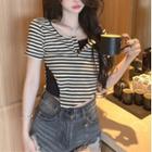Mock Two-piece Short-sleeve Striped Asymmetrical Cropped T-shirt