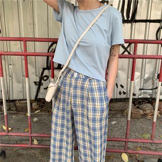 Short-sleeve Plain T-shirt / Plaid Pants