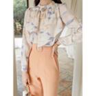 Stand-collar Ruffled Printed Blouse