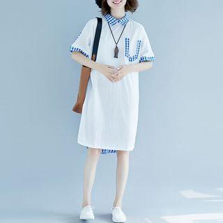 Short-sleeve Plaid Panel Collared Dress