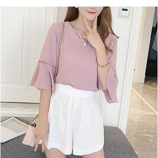 Elbow Sleeve V-neck Chiffon Blouse
