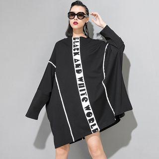 Lettering Long-sleeve Dress Black - One Size