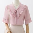 Short-sleeve Tie-neck Ruffled Chiffon Blouse