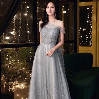 Cold-shoulder Beaded Sheath Evening Gown