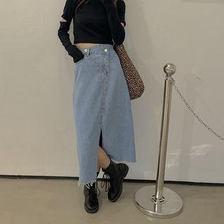 Asymmetrical Slit Denim Midi A-line Skirt